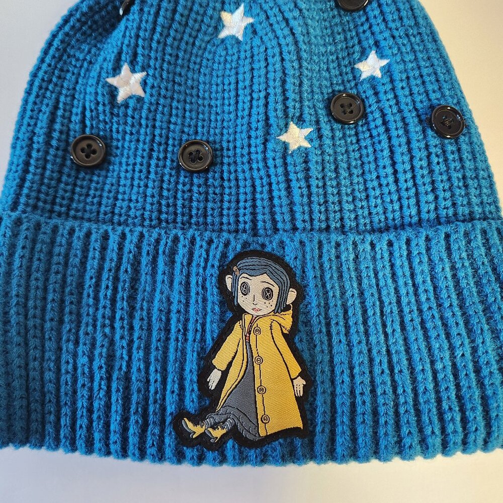 Coraline Beanie Hat Buttons And Stars Pattern Coraline Patch Blue One Size New - Picture 2 of 5